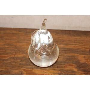 Vintage Clear Pear Controlled Bubbles Paperweight with Glass Leaf